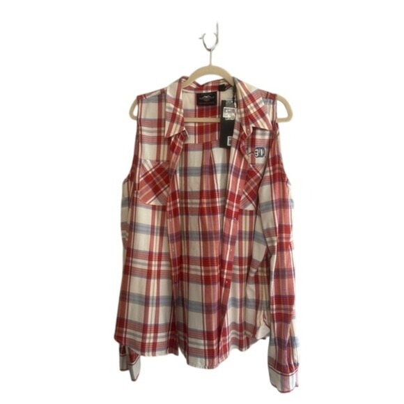 Harley-Davidson Women's XL Plaid Cold Shoulder Button Up Shirt Top New - Picture 1 of 5